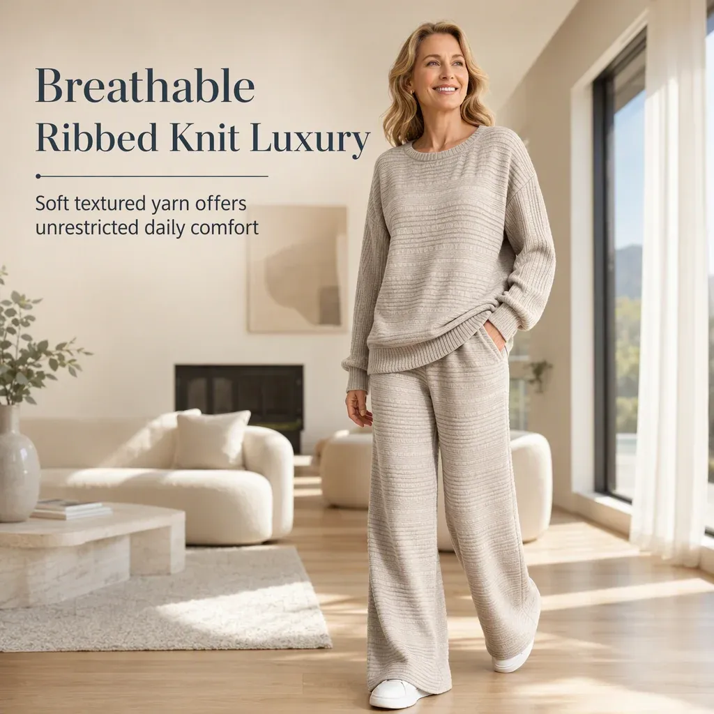 🌸 Women's Autumn Winter Ribbed Knit Two Piece Set Casual Long Sleeve Top and Wide Leg Pants