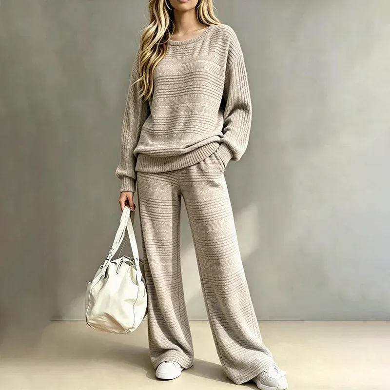 🌸 Women's Autumn Winter Ribbed Knit Two Piece Set Casual Long Sleeve Top and Wide Leg Pants