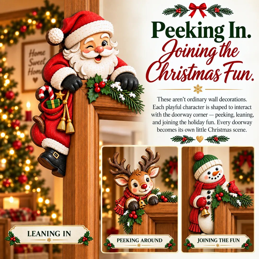 Christmas characters peeking around doorway