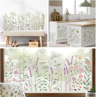 🔥Last Day 49% OFF - 🌸🖌️6-Piece Wildflower Stencil for Painting - Large Reusable Floral Design for DIY Furniture Decor🖼️