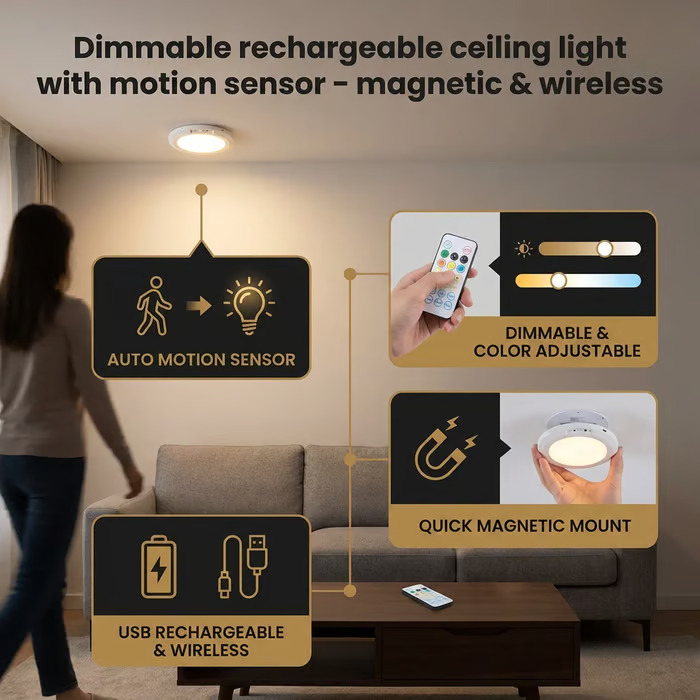 🔌Rechargeable Magnetic Wireless Motion Sensor Ceiling Light with Remote💡