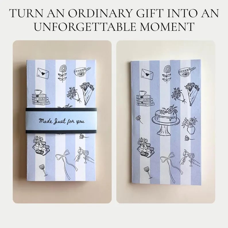 Blue handmade gift card holder book with striped cover and doodle illustrations of flowers, books, cake, and bows. Front band reads &ldquo;Made Just for You.&rdquo; Unique birthday card alternative, perfect for son, boyfriend, coworker, or college survival kit gift, turning a simple gift card into a memorable keepsake.