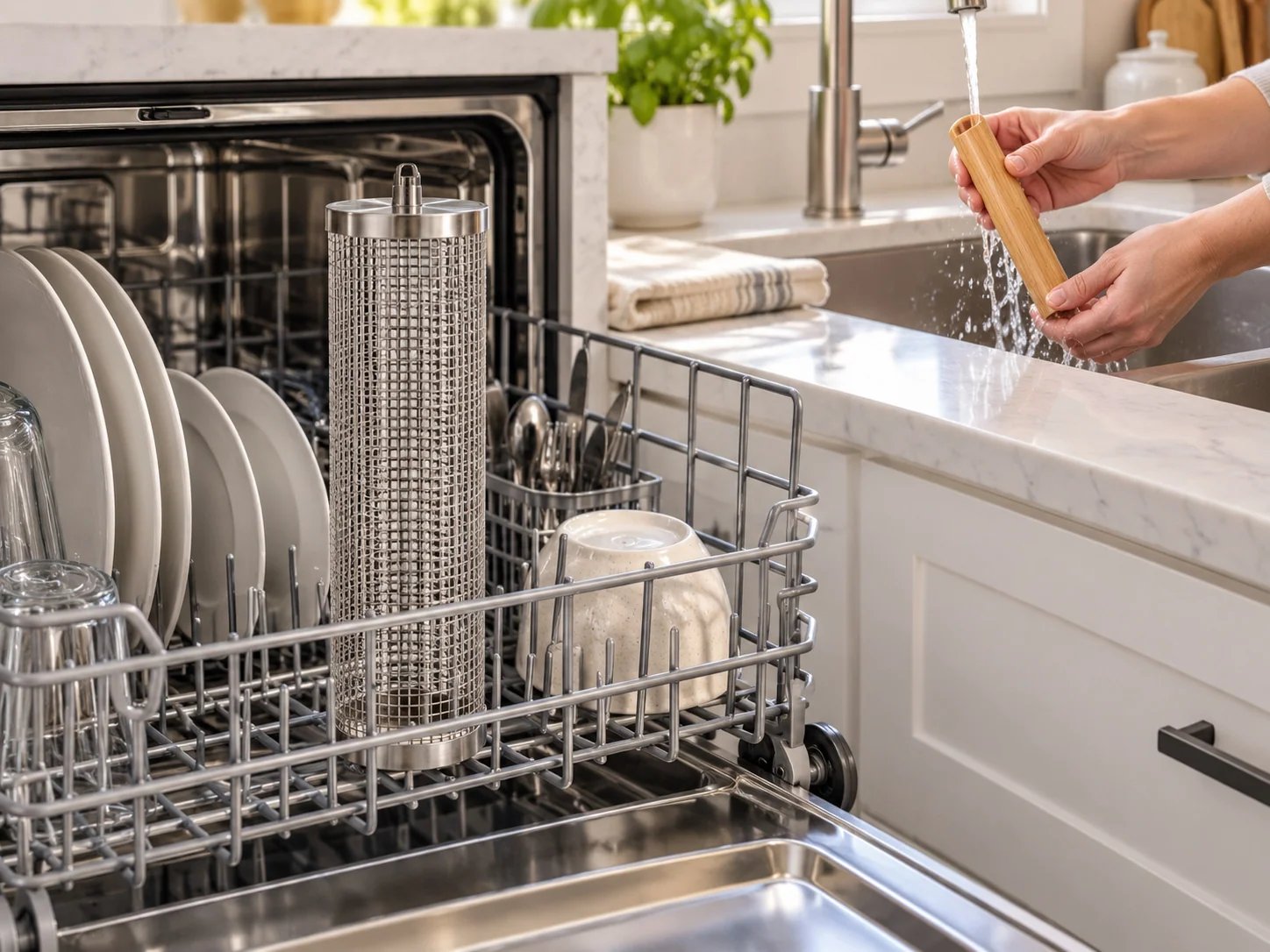 Rolling grill basket in dishwasher, wooden handle cleaned separately