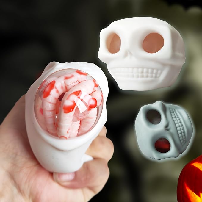 Adult Halloween Stress Balls - Squeeze Skull Toys With Blood and Maggots