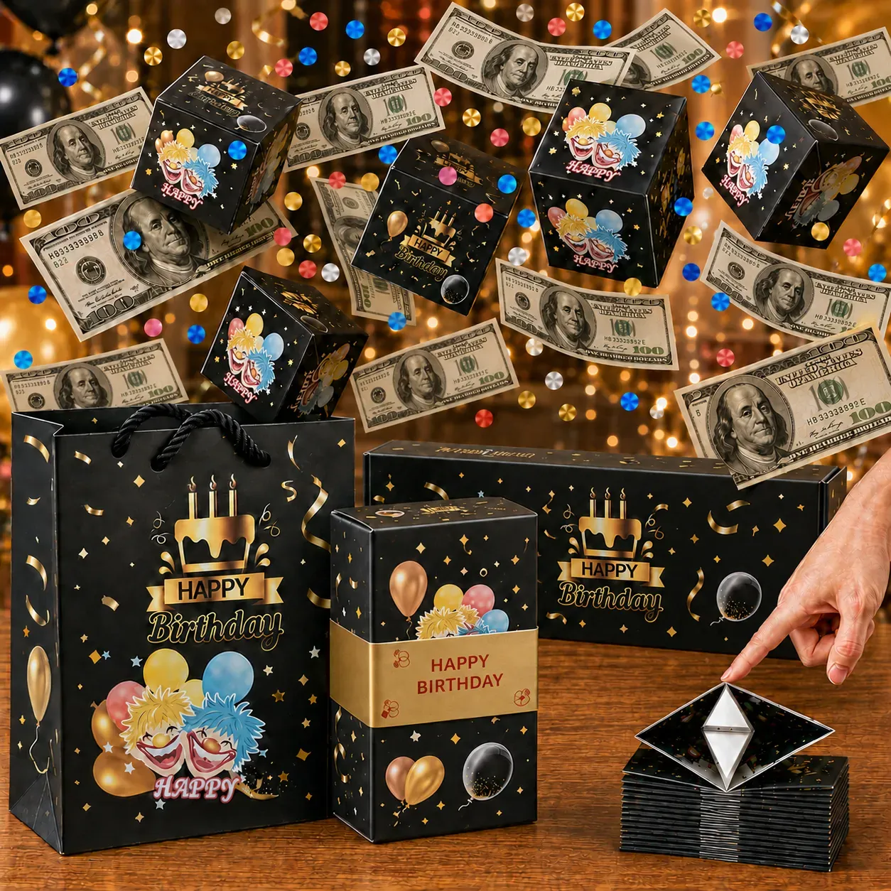 Pop-Up Surprise Gift Box | Exploding Confetti Gift Box with 6 Flying Cubes, Matching Gift Bag & Hidden Space for Cash, Jewelry or Keepsakes ✨