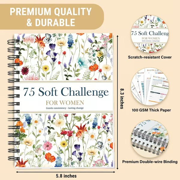 📗75 Soft Challenge Journal For Women | The Gentle Habit Tracker That Helps You Finish What You Start