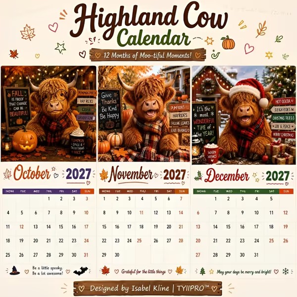🐮Adventure & Fun Crew Highland Cow Calendar📆 2027 Full Year Planner