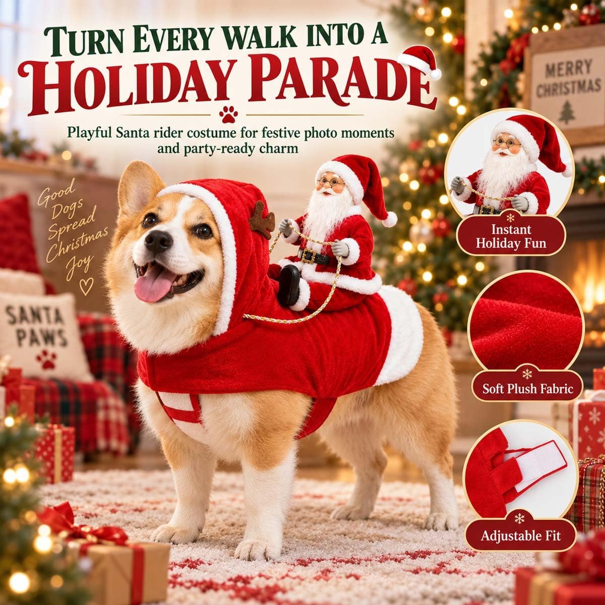 Christmas Santa Costume for Dogs & Cats – Festive Pet Outfit with Santa Rider Design