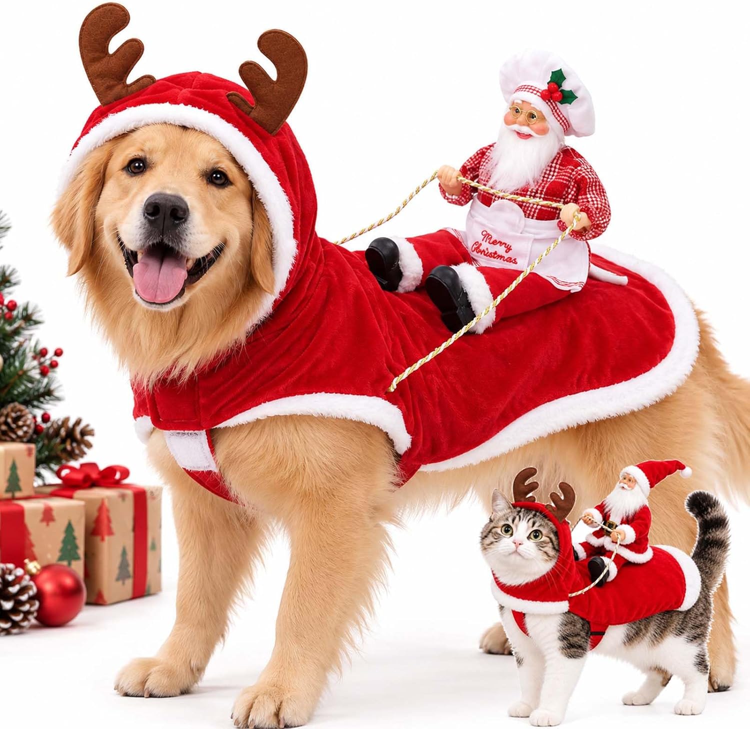Christmas Santa Costume for Dogs & Cats – Festive Pet Outfit with Santa Rider Design