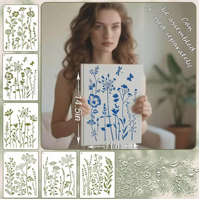 🔥Last Day 49% OFF - 🌸🖌️6-Piece Wildflower Stencil for Painting - Large Reusable Floral Design for DIY Furniture Decor🖼️