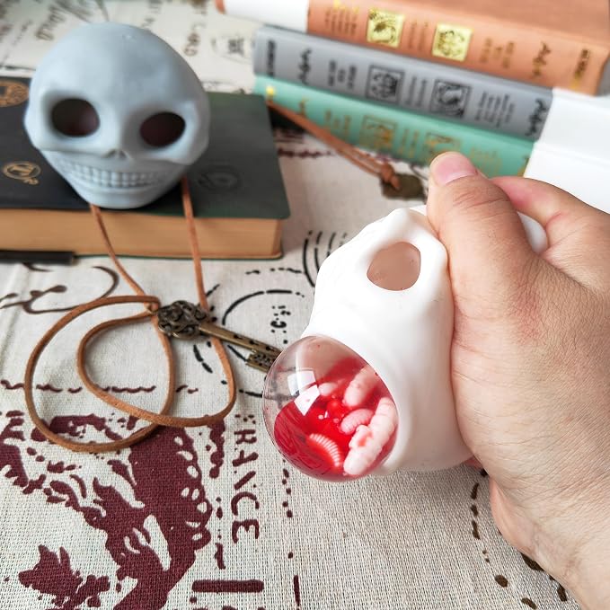Adult Halloween Stress Balls - Squeeze Skull Toys With Blood and Maggots