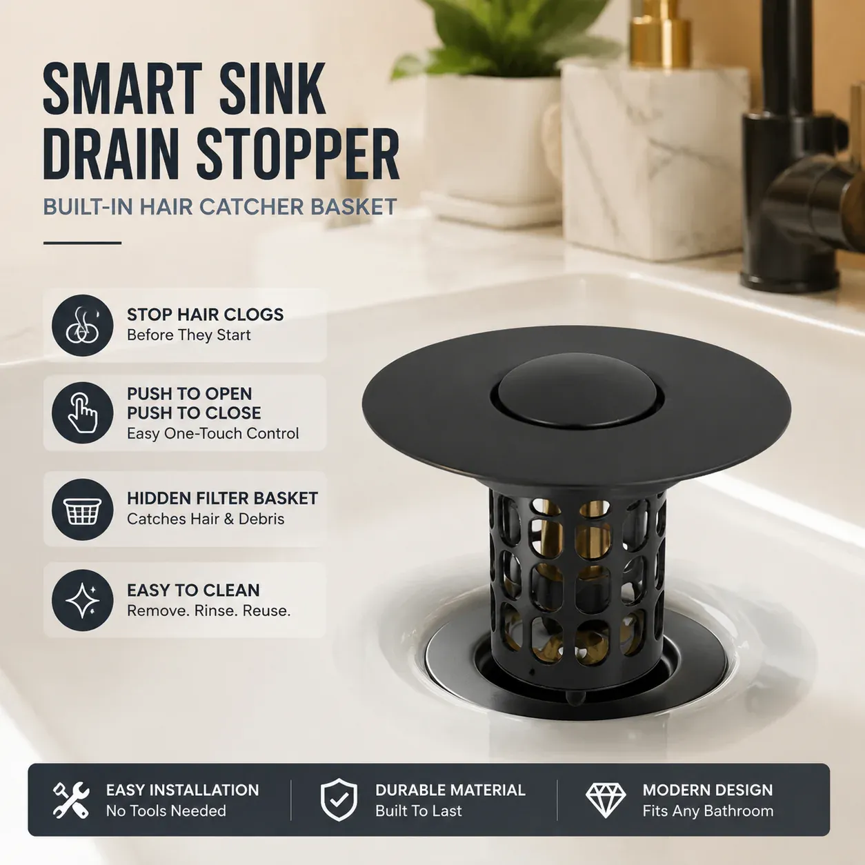🚿Smart Sink Drain Stopper With Hair Catcher Basket - No More Clogged Drains