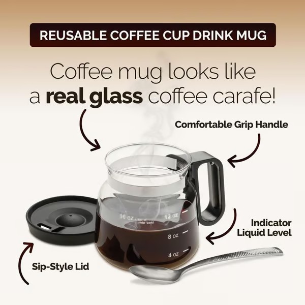 💖☕ 16 Oz Coffee Pot Style Glass Coffee Mug, Cute Aesthetic Clear Cup for Coffee Lovers