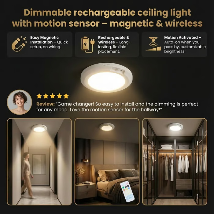 🔌Rechargeable Magnetic Wireless Motion Sensor Ceiling Light with Remote💡