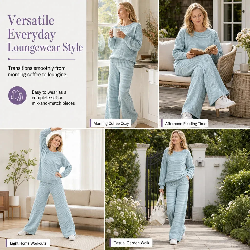 🌸 Women's Autumn Winter Ribbed Knit Two Piece Set Casual Long Sleeve Top and Wide Leg Pants