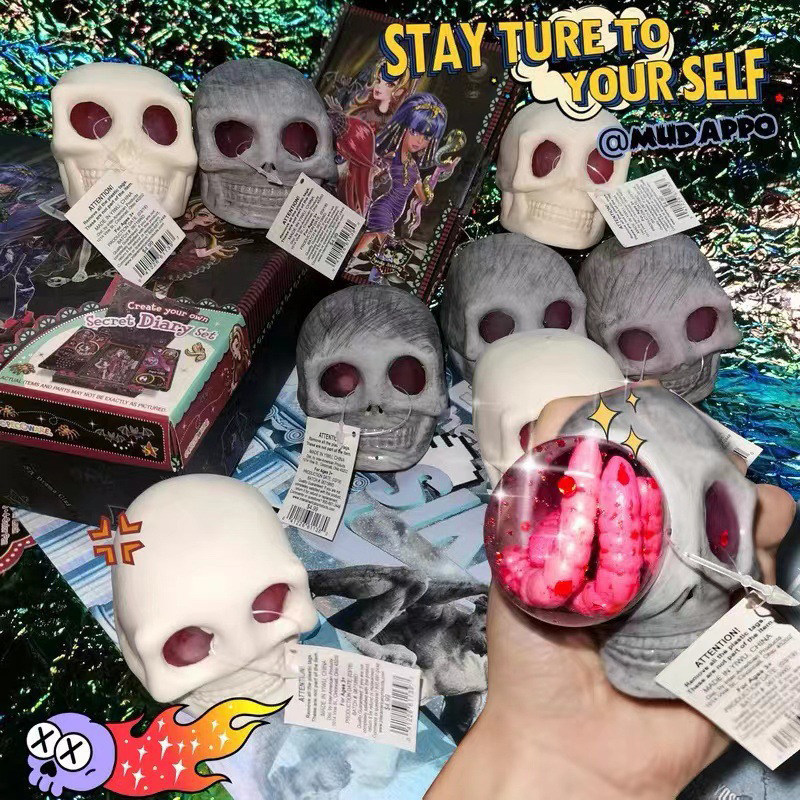 Adult Halloween Stress Balls - Squeeze Skull Toys With Blood and Maggots