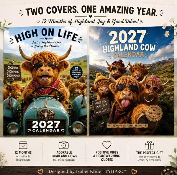🐮Adventure & Fun Crew Highland Cow Calendar📆 2027 Full Year Planner