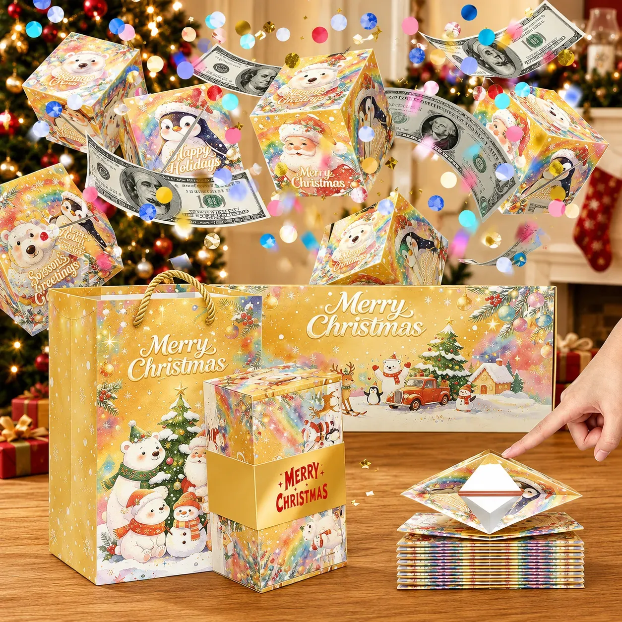 Pop-Up Surprise Gift Box | Exploding Confetti Gift Box with 6 Flying Cubes, Matching Gift Bag & Hidden Space for Cash, Jewelry or Keepsakes ✨
