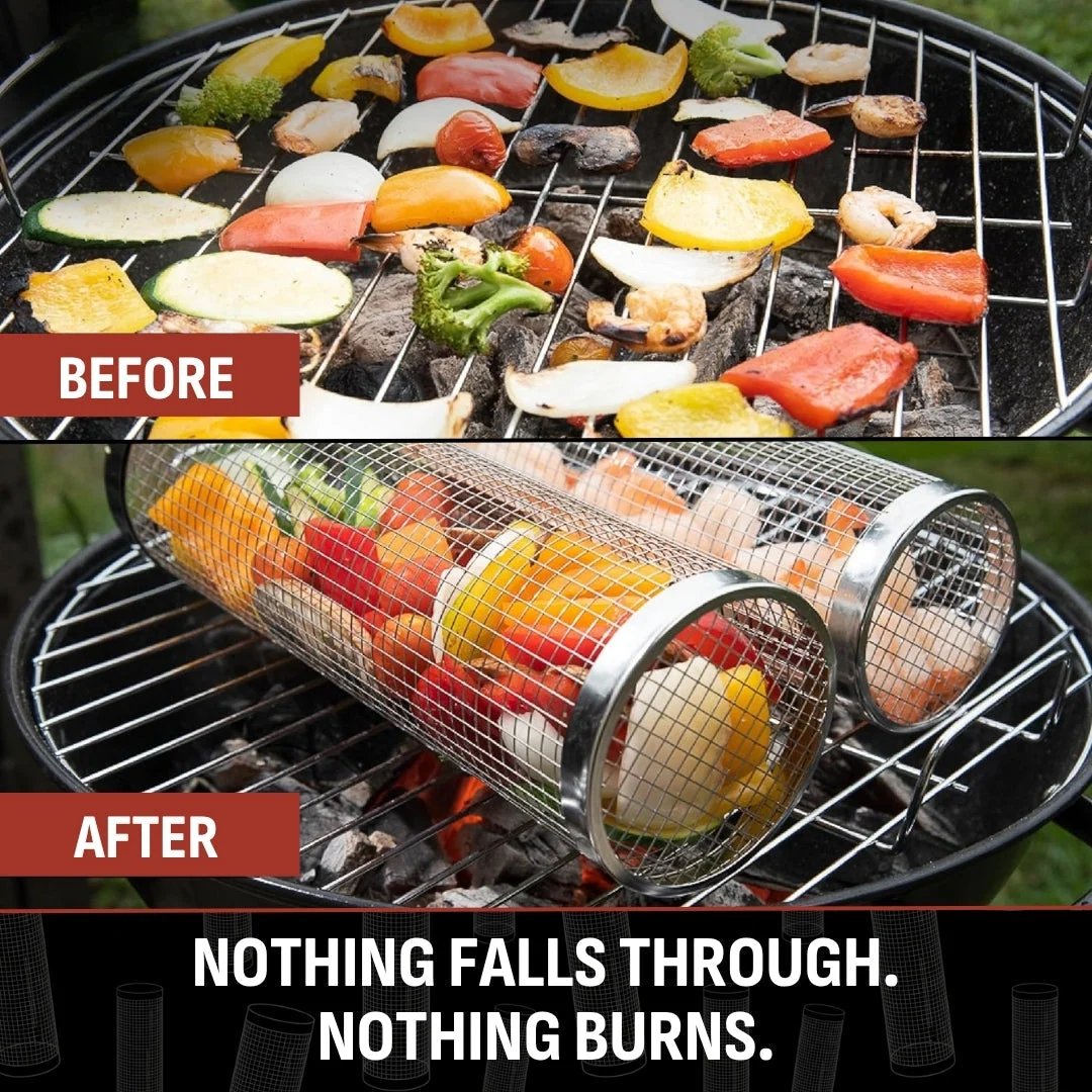 Grilled vegetables and shrimp in rolling basket
