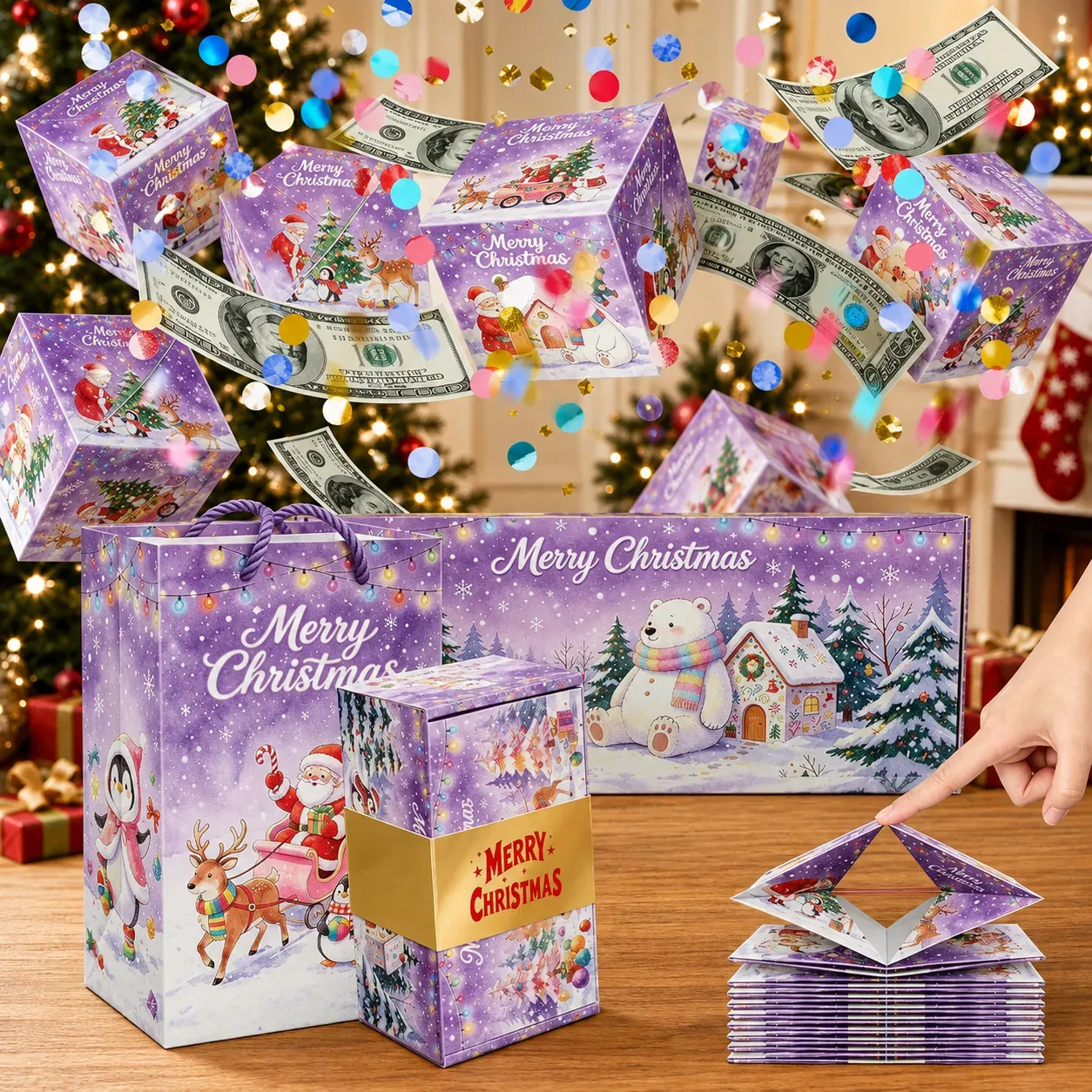 Pop-Up Surprise Gift Box | Exploding Confetti Gift Box with 6 Flying Cubes, Matching Gift Bag & Hidden Space for Cash, Jewelry or Keepsakes ✨