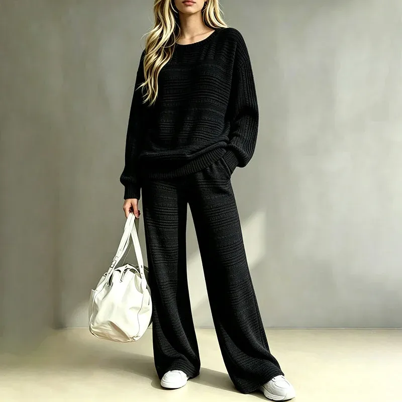 🌸 Women's Autumn Winter Ribbed Knit Two Piece Set Casual Long Sleeve Top and Wide Leg Pants