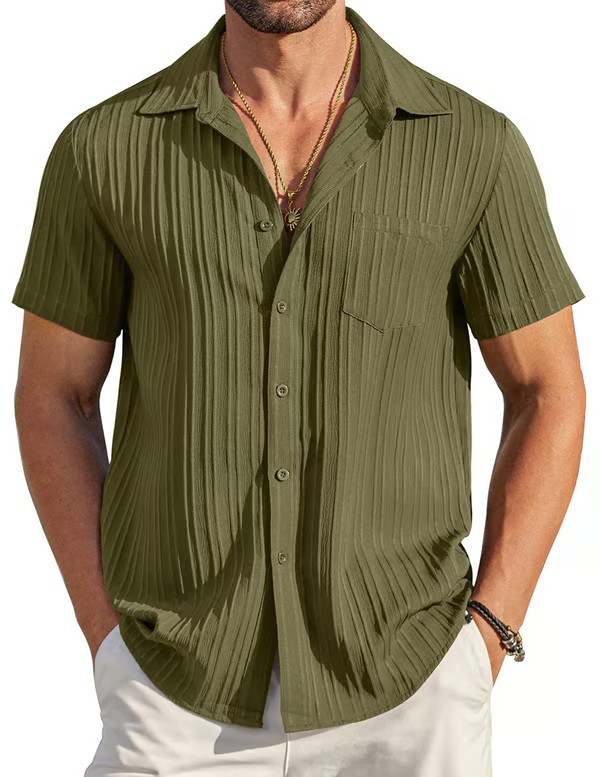🏆Flash Sale⚡ 50K+ SOLD! Almost Gone-💥Men's Casual Button Down Shirts Short Sleeve Textured Summer Beach Shirt with Pocket
