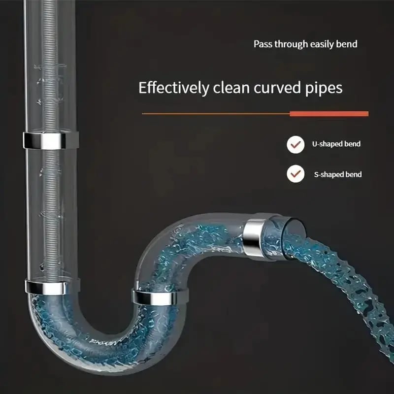 Flexible drain snake passing through curved pipe