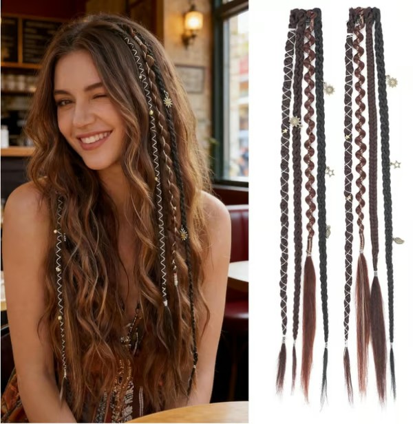 🔥🆕 2026 Boho Dreadlock Clip-In Hair Extensions 🌿 – 20" Braided Hair with Beads & Charms