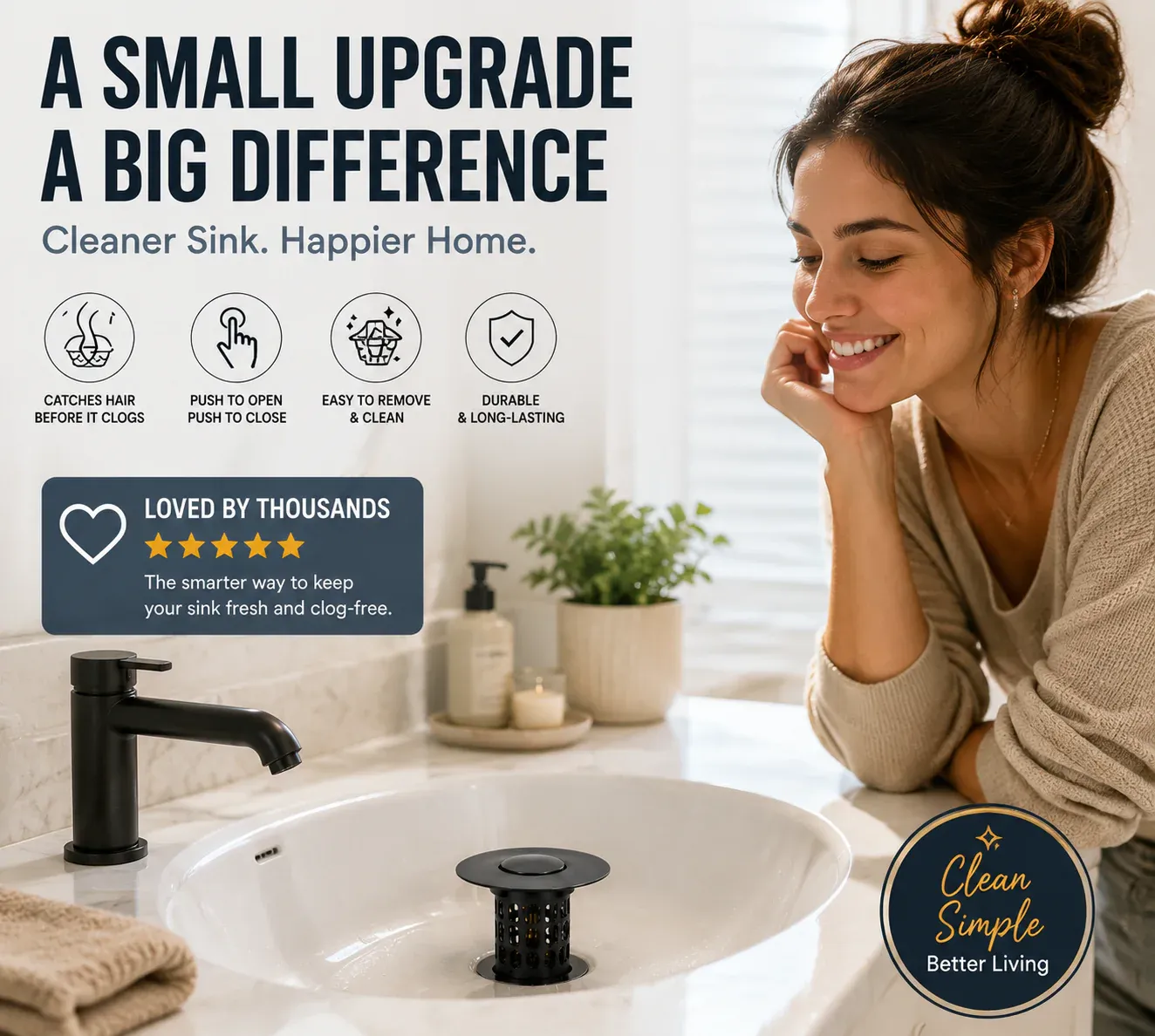 🚿Smart Sink Drain Stopper With Hair Catcher Basket - No More Clogged Drains