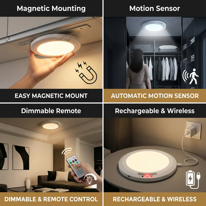 🔌Rechargeable Magnetic Wireless Motion Sensor Ceiling Light with Remote💡