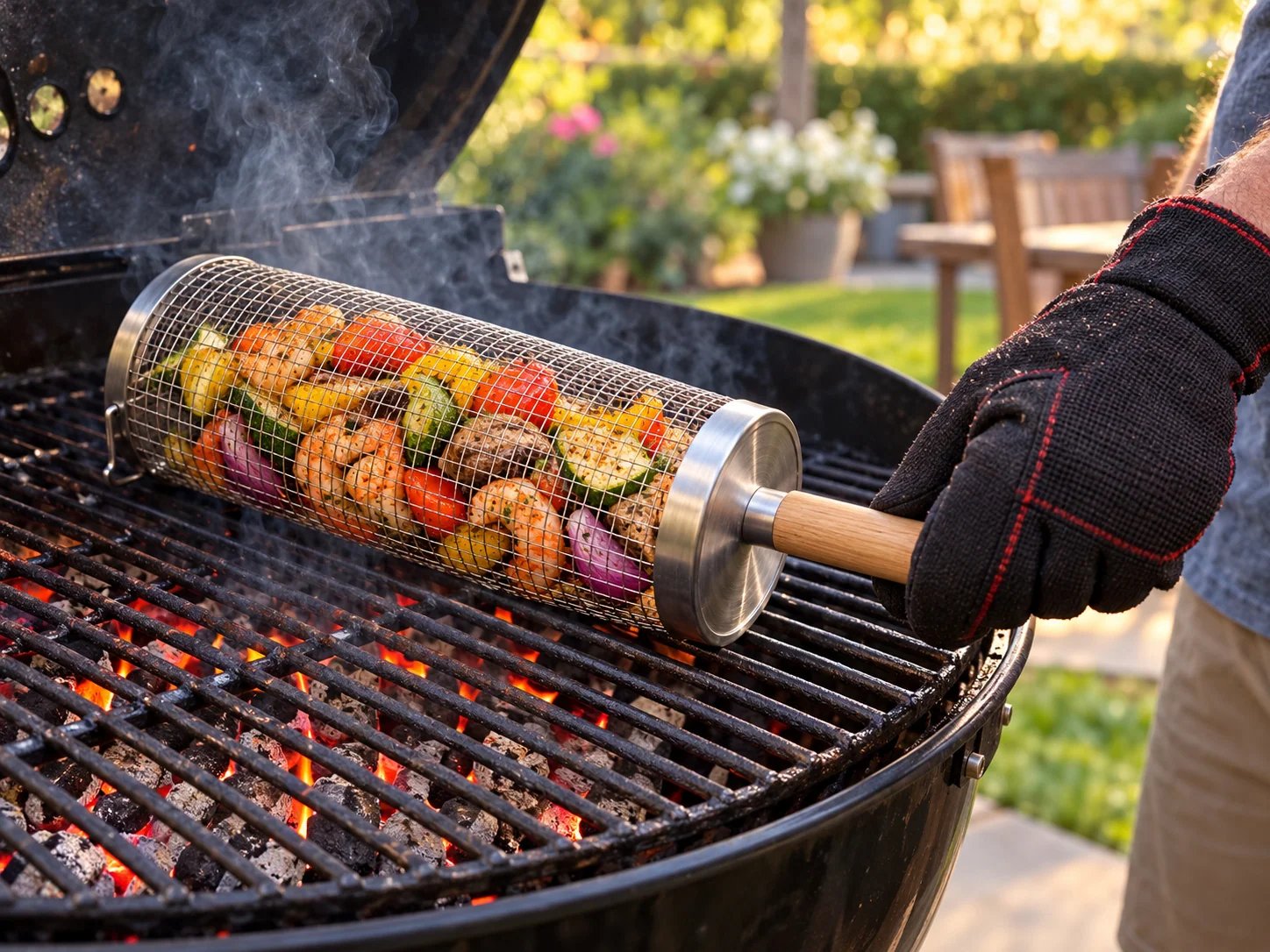 Gloved griller rolling the basket on a charcoal grill