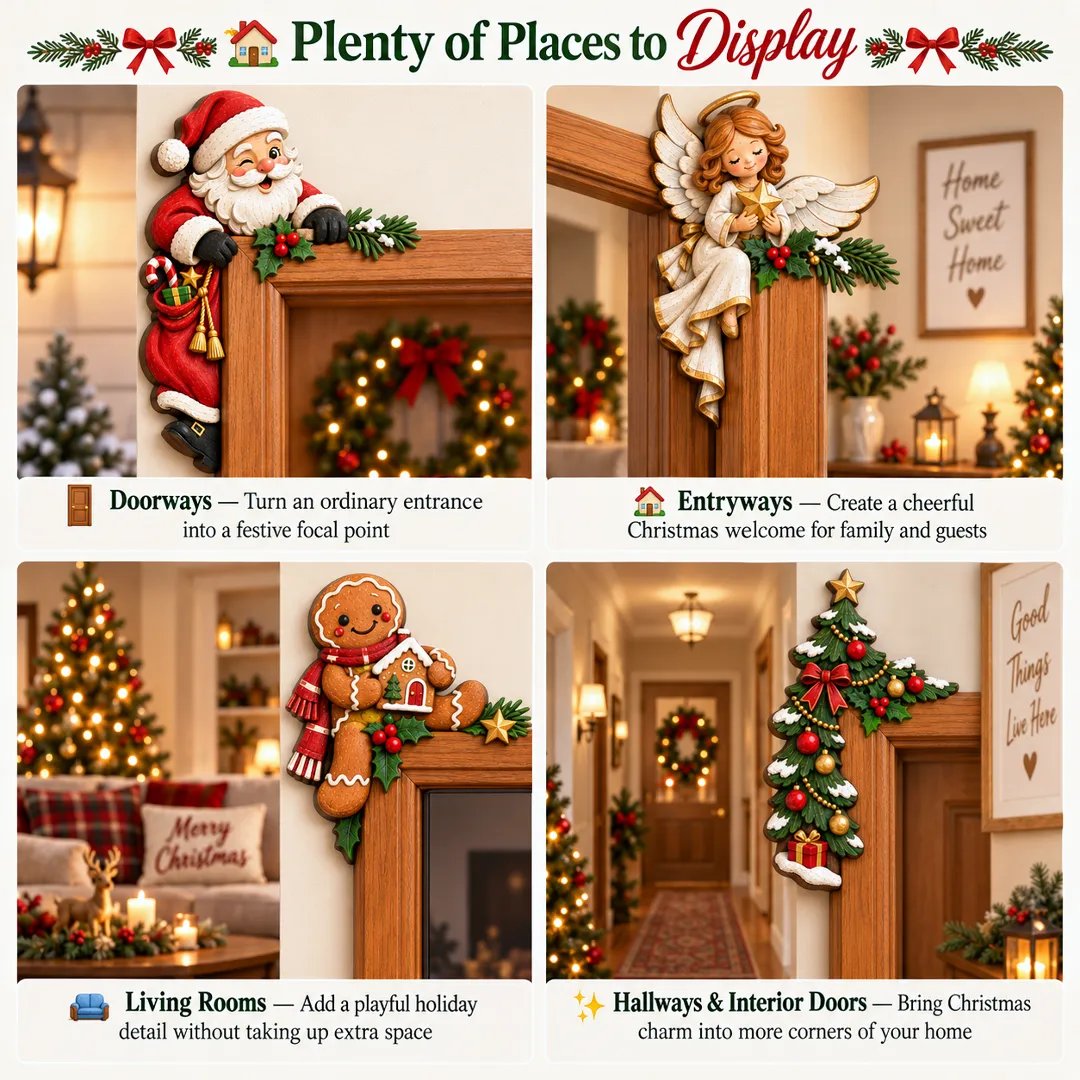 Christmas doorway decorations in different rooms