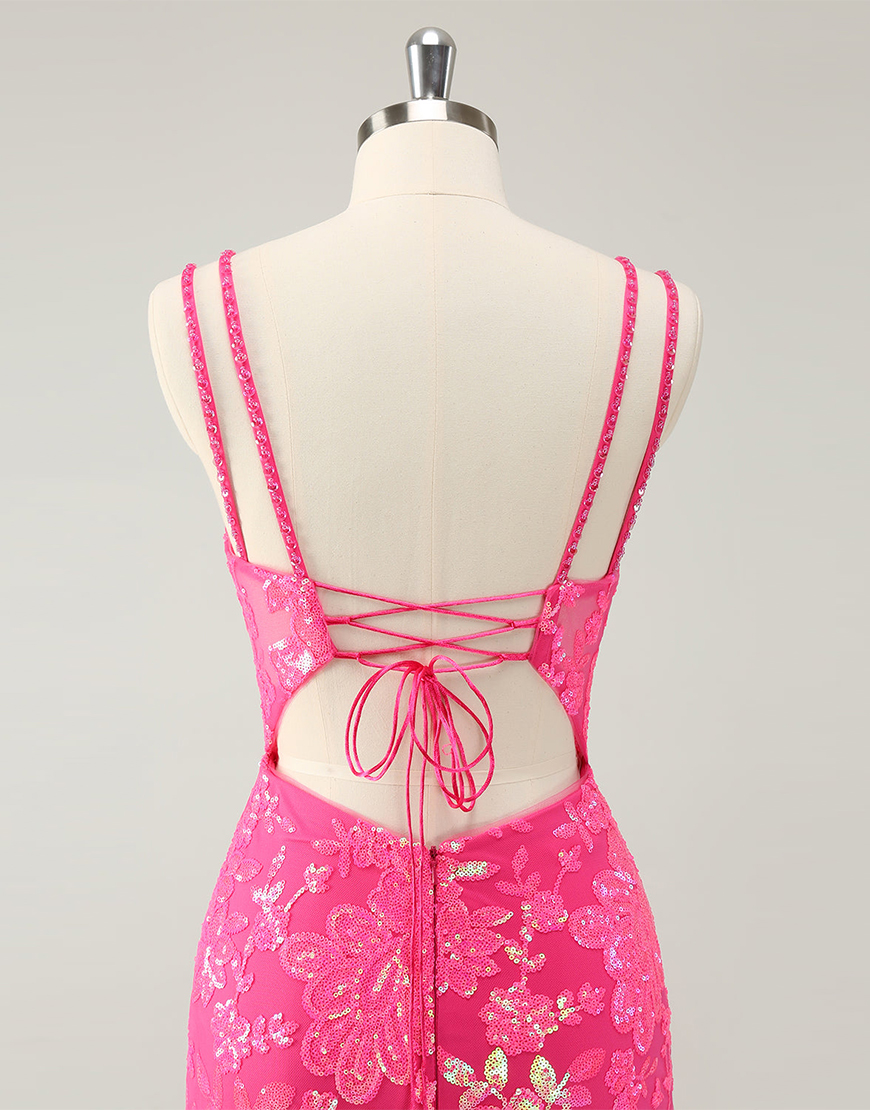 Gorgeous Hot Pink Lace Up Tight Glittler Homecoming Dress