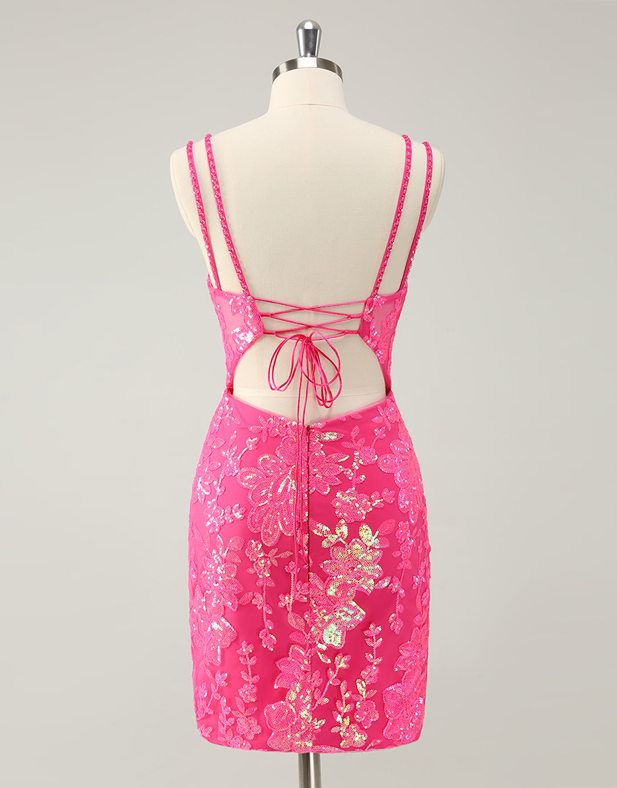 Gorgeous Hot Pink Lace Up Tight Glittler Homecoming Dress