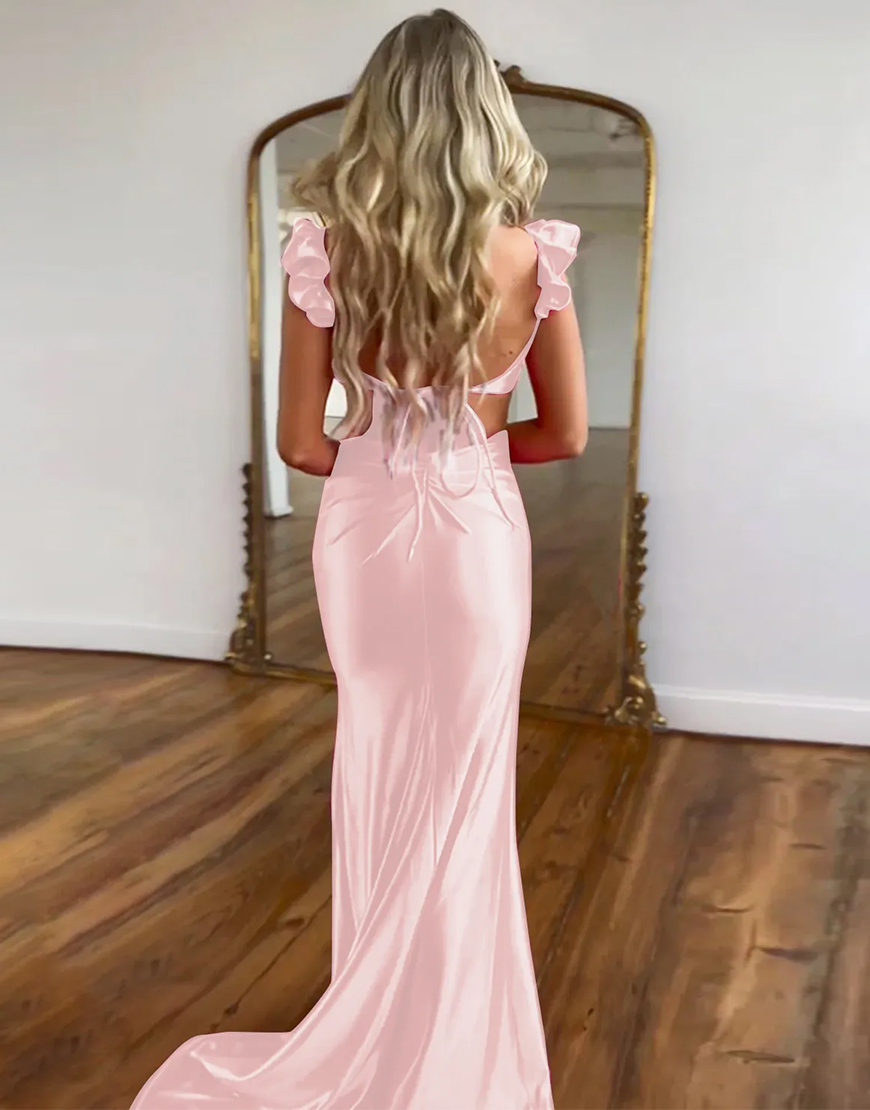 Cute Hot Pink Mermaid Cutout Waist Long Satin Prom Party Dress