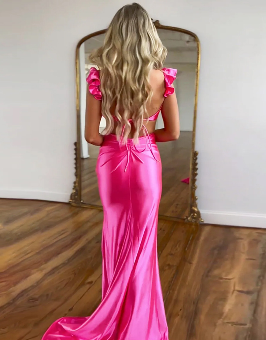 Cute Hot Pink Mermaid Cutout Waist Long Satin Prom Party Dress