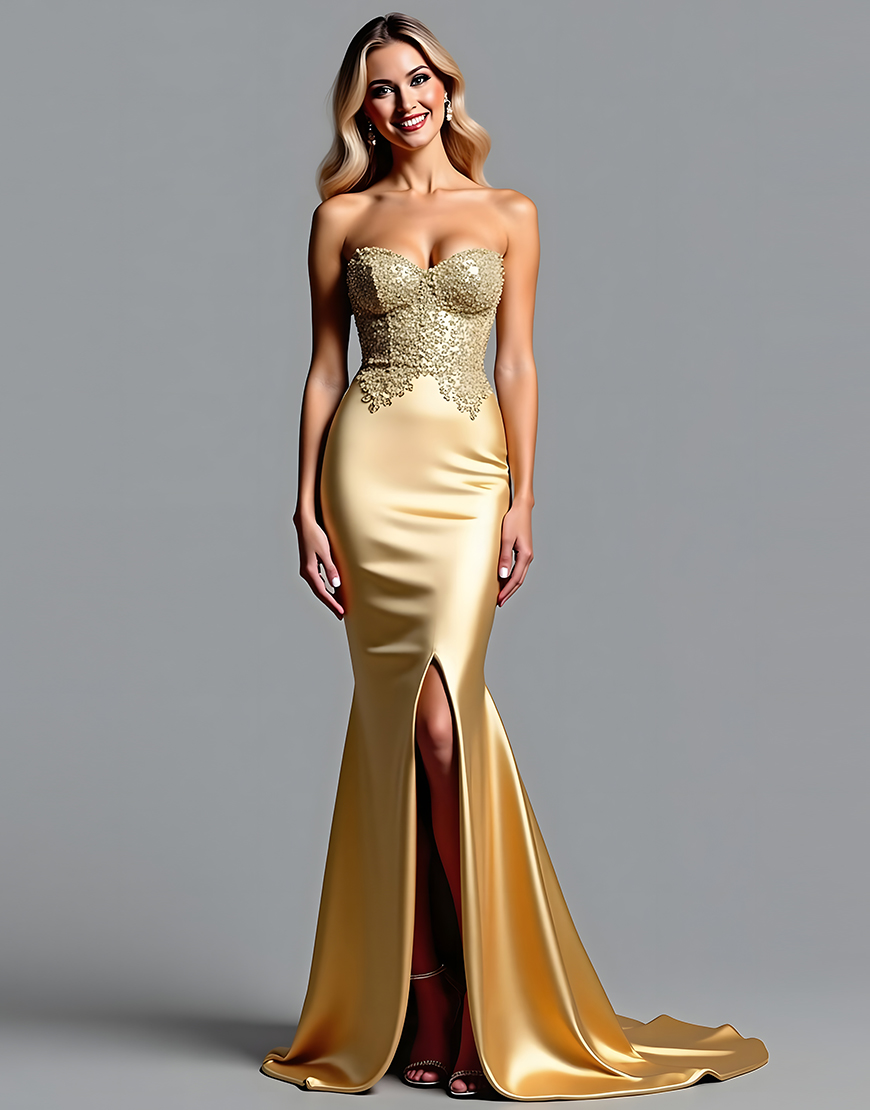 Mermaid Appliqued Golden Sweetheart Long Prom Dress with Slit