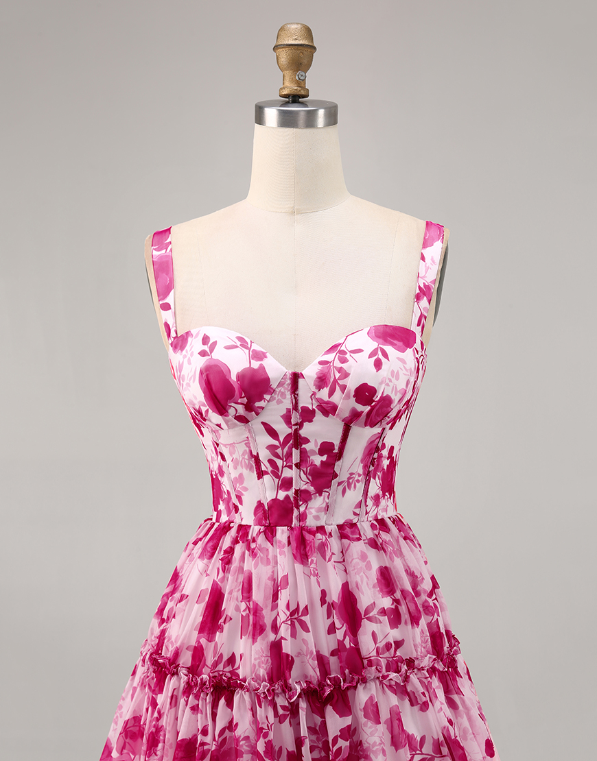 Fuchsia A Line Chiffon Short Floral Corset Homecoming Dress