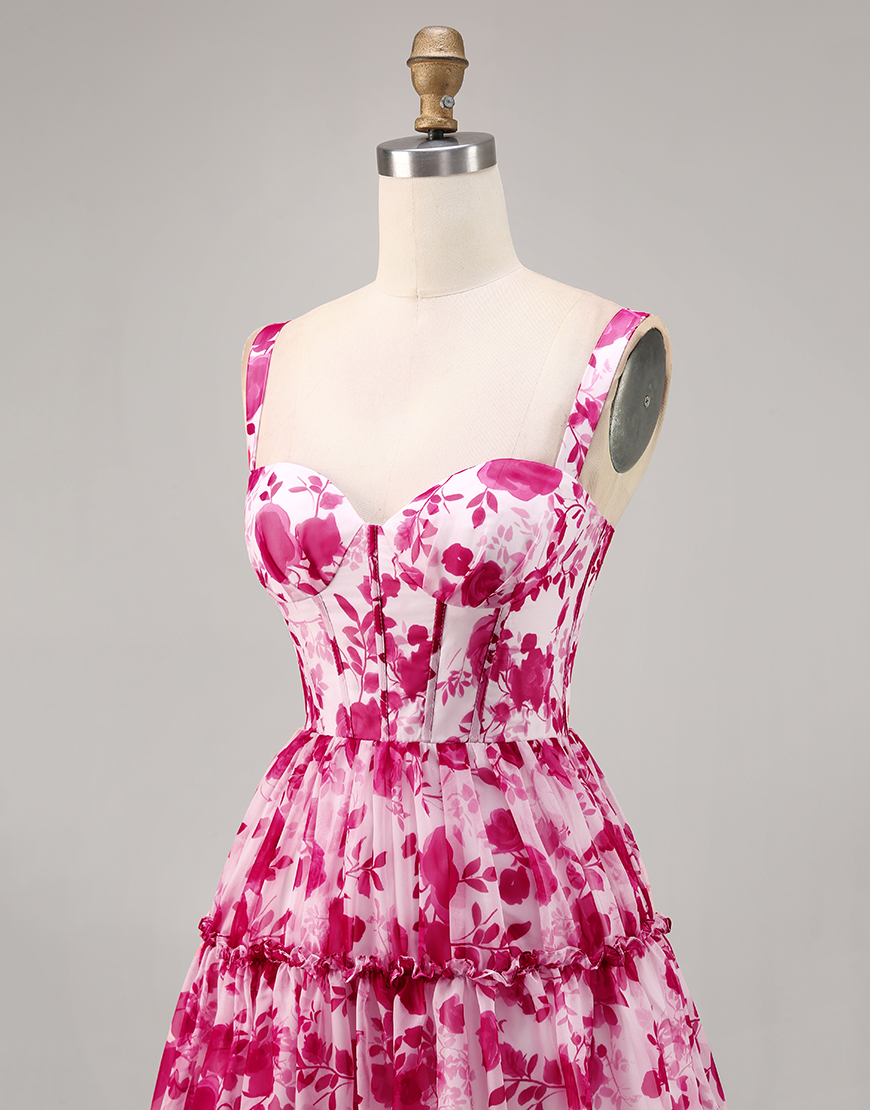 Fuchsia A Line Chiffon Short Floral Corset Homecoming Dress