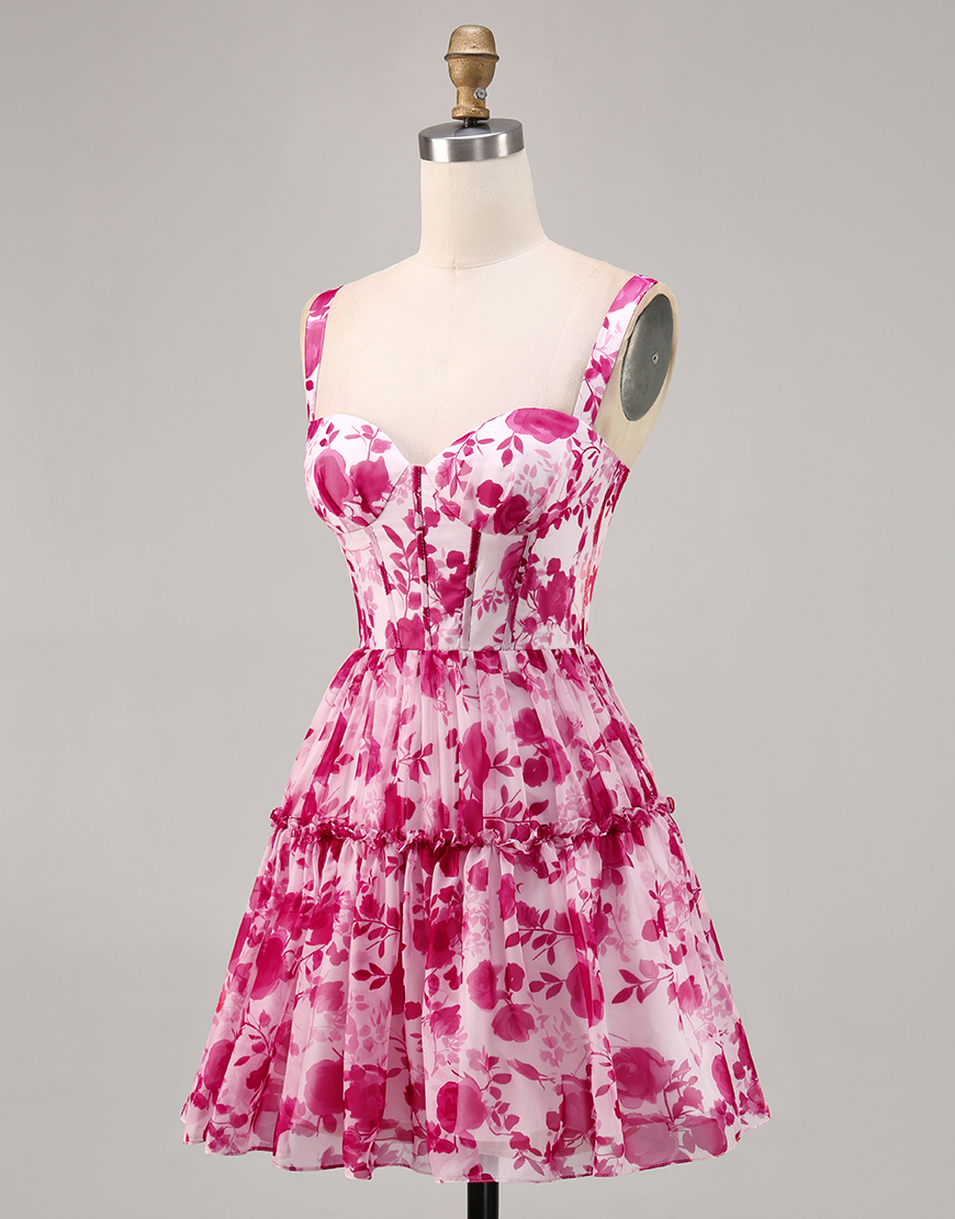 Fuchsia A Line Chiffon Short Floral Corset Homecoming Dress