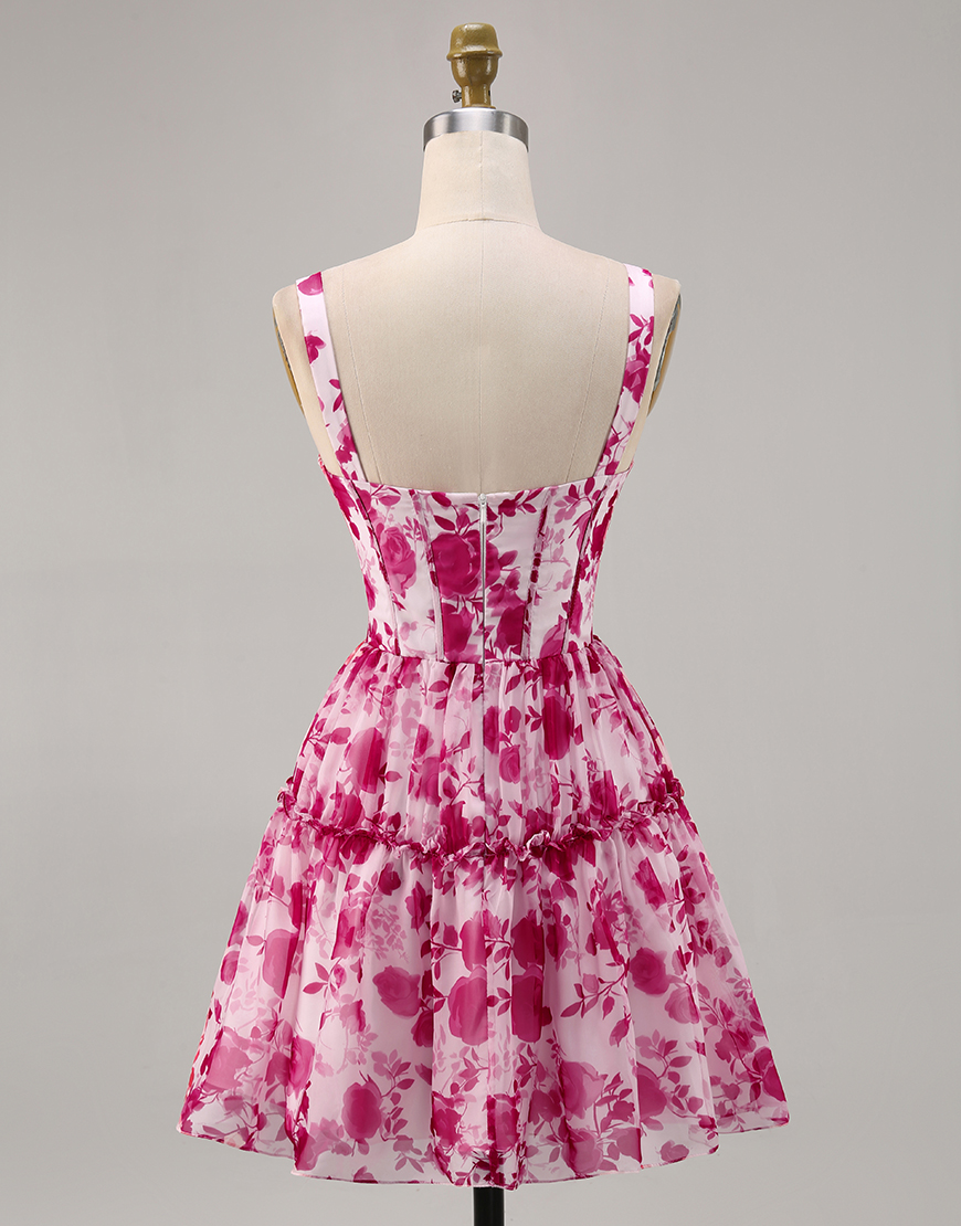 Fuchsia A Line Chiffon Short Floral Corset Homecoming Dress