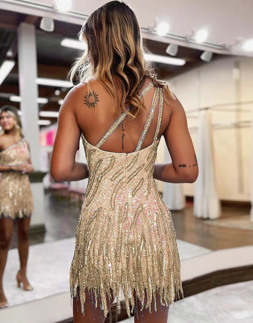 Sparkly Blue One Shoulder Tight Short Homecoming Dress With Fringe