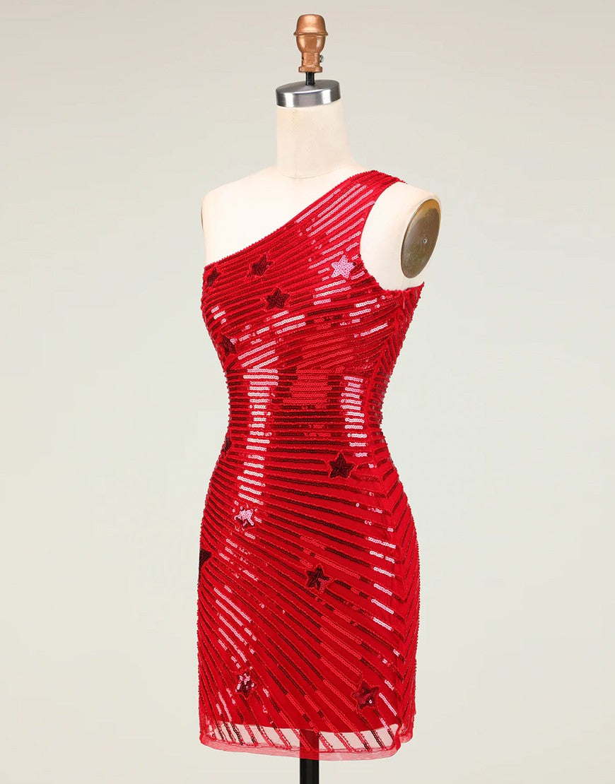 Sparkly Black One Shoulder Sequin Homecoming Dress With Stars