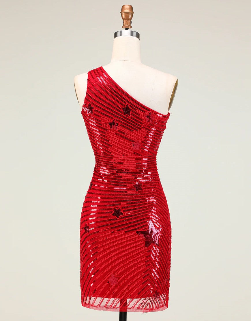 Sparkly Black One Shoulder Sequin Homecoming Dress With Stars