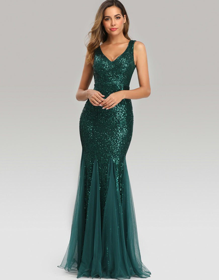 Long Mermaid Green Evening Dress with Sequins