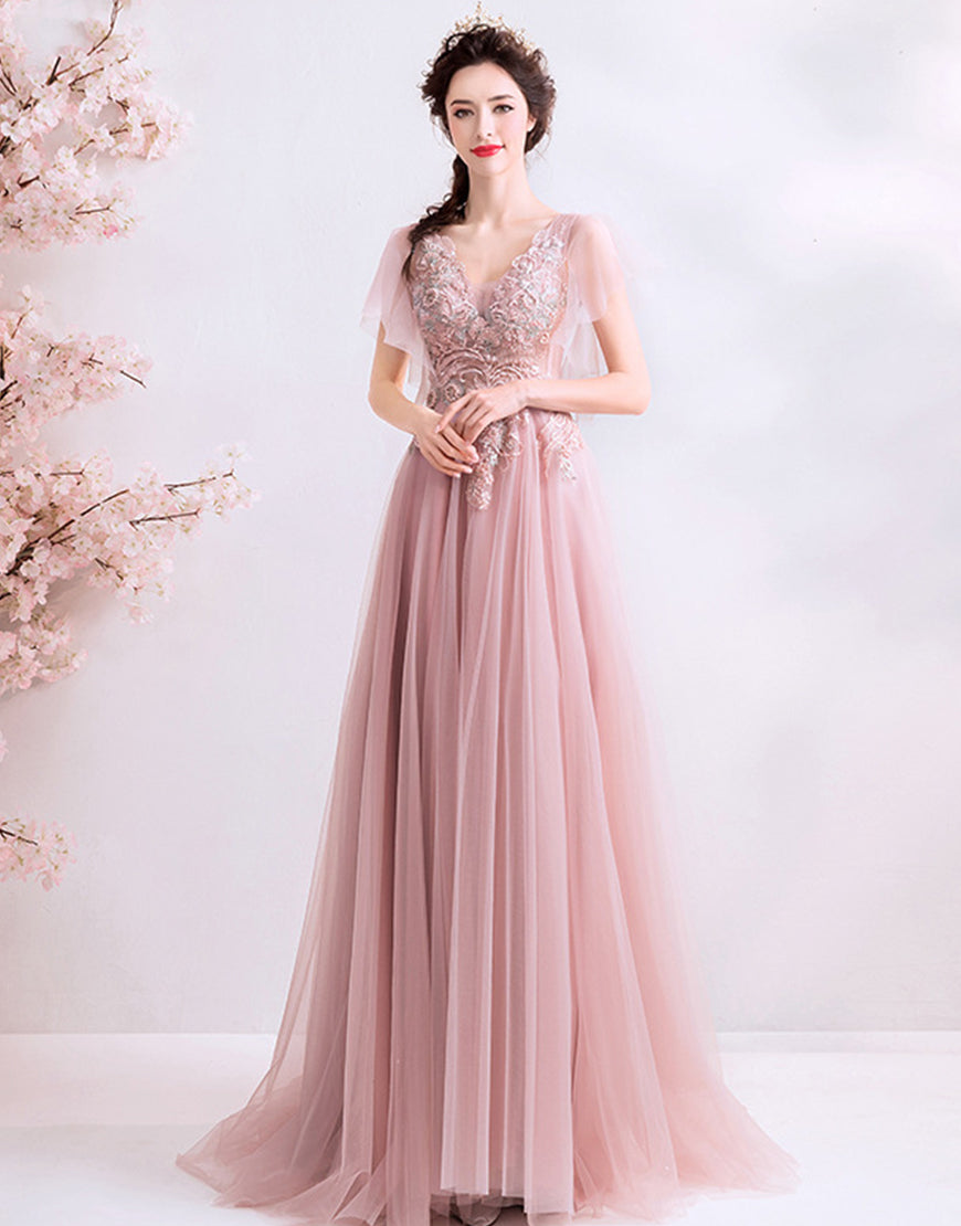 Pink Chiffon A-Line Long Wedding Party Dress with Appliques