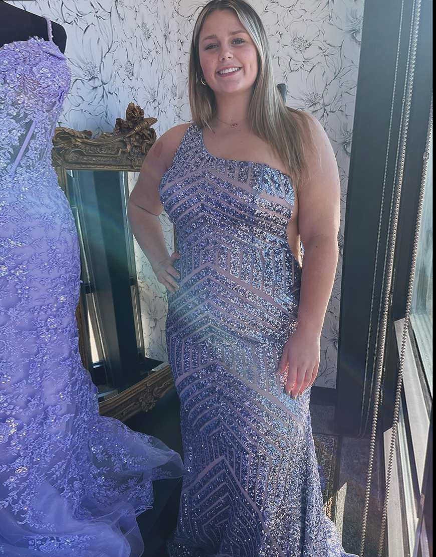 Sparkly Sequin One Shoulder Pink Long Mermaid Corset Prom Dress