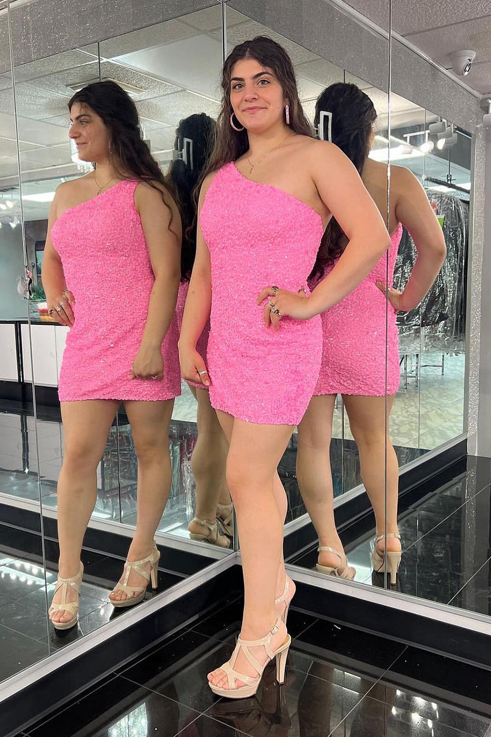 Glitter One-Shoulder Hot Pink Homecoming Dress With Sequins