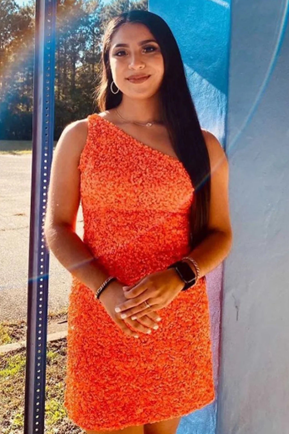 Glitter One-Shoulder Hot Pink Homecoming Dress With Sequins