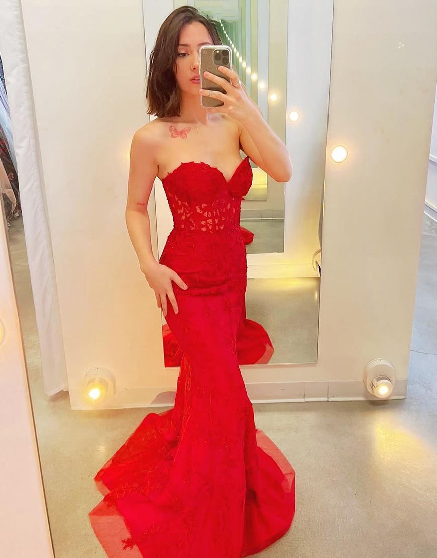 Red Mermaid Corset Back Prom Dress With Appliques